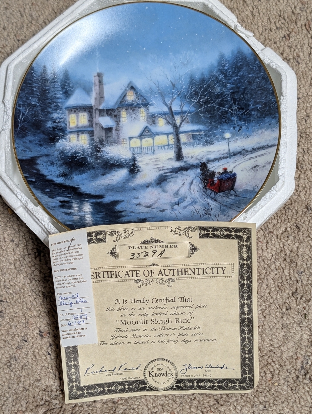 Vintage Certified Authentic Thomas Kinkade Sleigh Ride Collector Plate